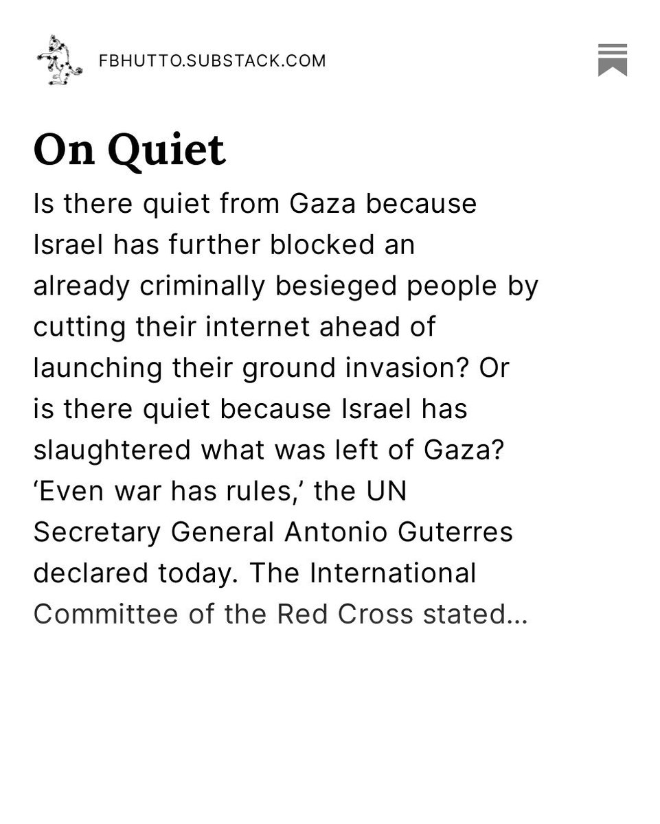 fbhutto's tweet photo. My thoughts on the eerie, terrifying silence from Gaza and how we should respond on this shameful day https://t.co/3ultKcwZJr https://t.co/eKF7iA9BFC