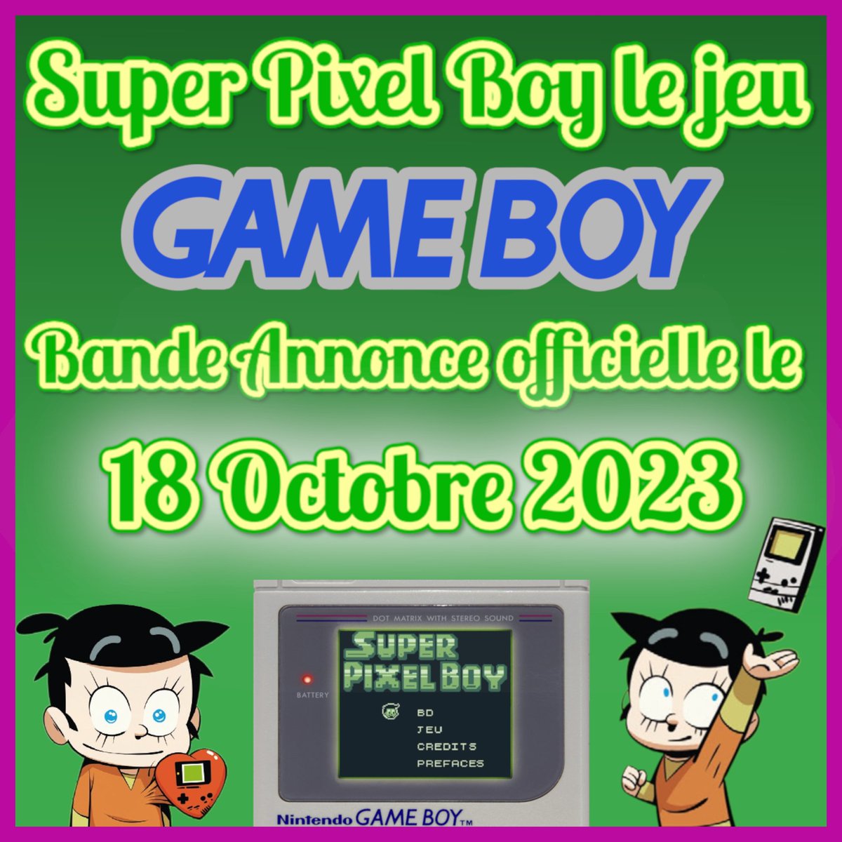 johndostudio's tweet photo. Vous l'attendiez tous (ou presque 🤣), la bande annonce officielle de "Super Pixel Boy Game Boy" arrive le 18 octobre !!!
A mercredi les amis ☺️
#pixelboy #superpixelboy #bandedessinée #gameboy #bandeannonce #indiegame #homebrew #gb #nintendo #gbstudio #pixel #plateforme https://t.co/adKeIok9Bc