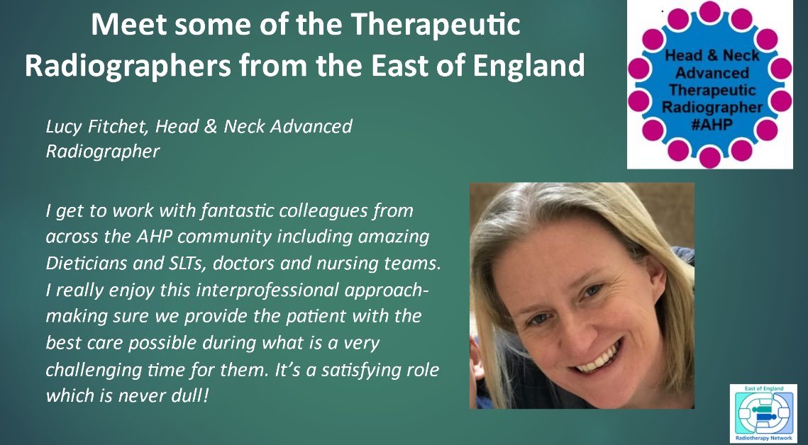 Lucy Fitchett <a href="/lucy_fitchett/">Lucy fitchett</a> Head &amp; Neck Advanced Radiographer shouts out her <a href="/NNUHdietetics/">NNUH Nutrition and Dietetics</a> and <a href="/NNUH_SLT/">NNUH SLT</a> colleagues. Together the team provide a package of care for patients receiving #radiotherapy for head and neck cancer.

#AHPDay2023 #AHPsDay #AHPDay 
<a href="/nnuhRT/">NNUH Radiotherapy</a> <a href="/NNUH/">Norfolk and Norwich University Hospitals</a>
