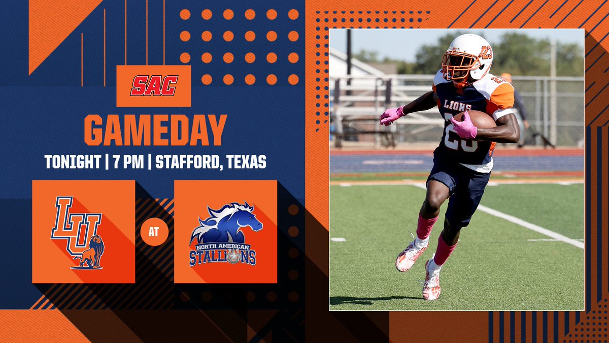 🏈 GAMEDAY 🏈 

📍 Stafford, Texas
⏰ 7 pm CDT
🆚 North American University 
📺 bit.ly/3tA2M6I
📻 apple.co/44XQqCg
📊 bit.ly/44WS2MH

#goLions | #FeartheRoar
