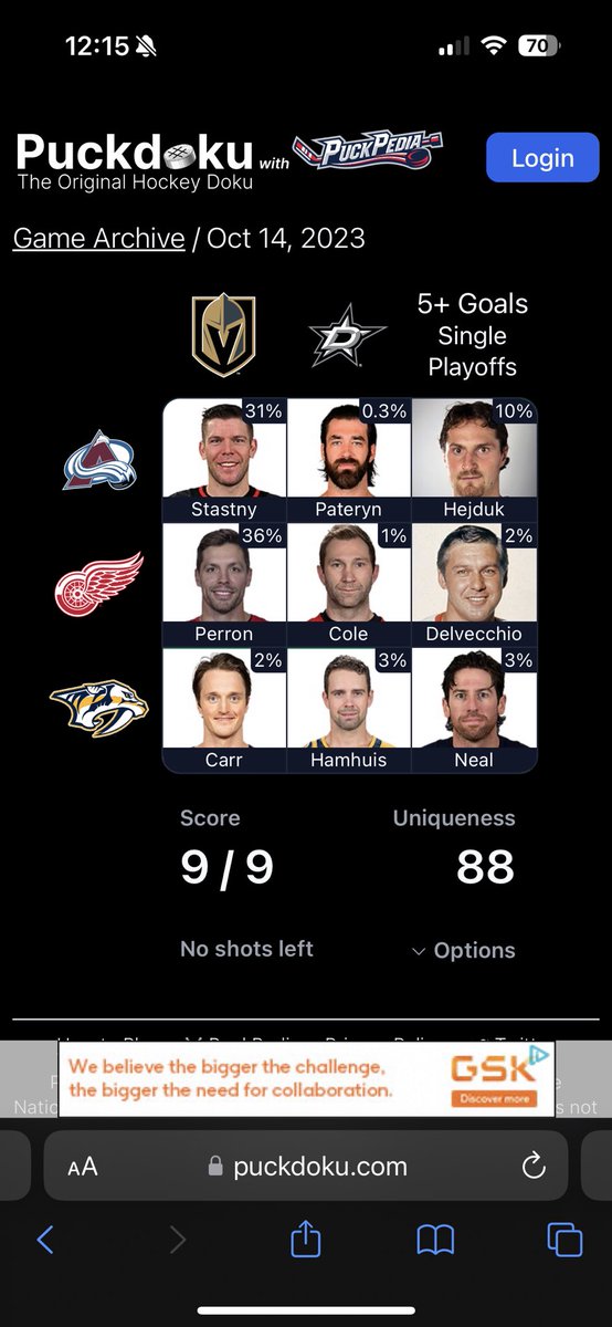 EngleLaw29's tweet photo. @puckdoku Puckdoku Game 105 - 9/9🏆:

88 Uniqueness
🟩🟩🟩
🟩🟩🟩
🟩🟩🟩

https://t.co/0lqXxOZLUu https://t.co/gwhPykSgTh