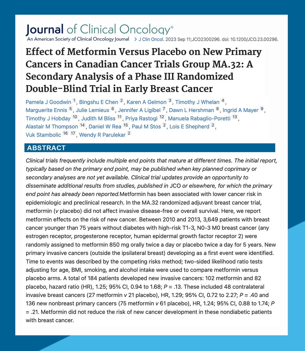 DFCI_BreastOnc's tweet image. Congrats to Dr. Jennifer Ligibel and colleagues on this recently published secondary analysis of a phase III randomized double-blind trial in #EarlyBreastCancer on the effect of #metformin vs placebo on New Primary Cancers 
pubmed.ncbi.nlm.nih.gov/37695982/