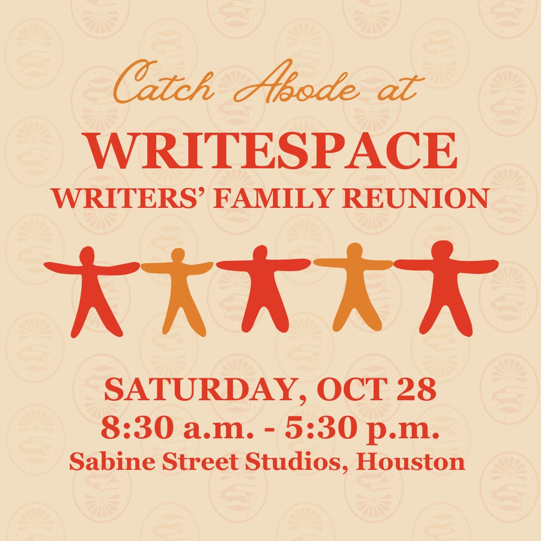 AbodePress's tweet image. Abode Press is excited to be tabling at the @WritespaceHTown Writers’ Family Reunion at the end of October! 

We will be there Saturday 10/28 from 9 AM - 3 PM 🧡  Stop by our table to learn more about our mission and make a donation! 

Learn more here: writespacehouston.org