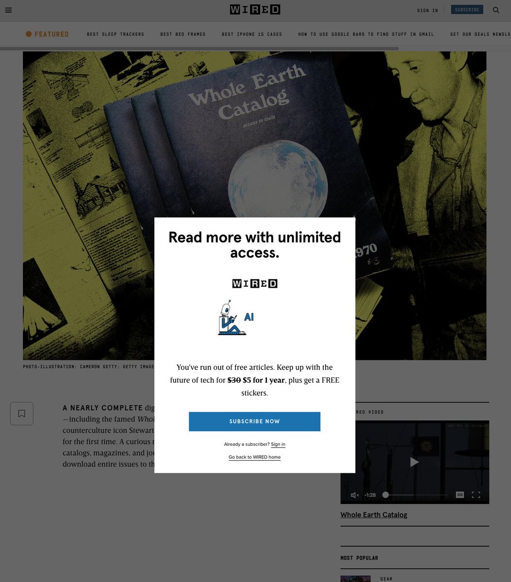#wired - telling the world about something being made free, but wanting people to pay them to read about it.  #irony #profit <a href="/wired/">WIRED</a> <a href="/wholeearth/">Whole Earth Catalog</a> #wholeEarthCatalog