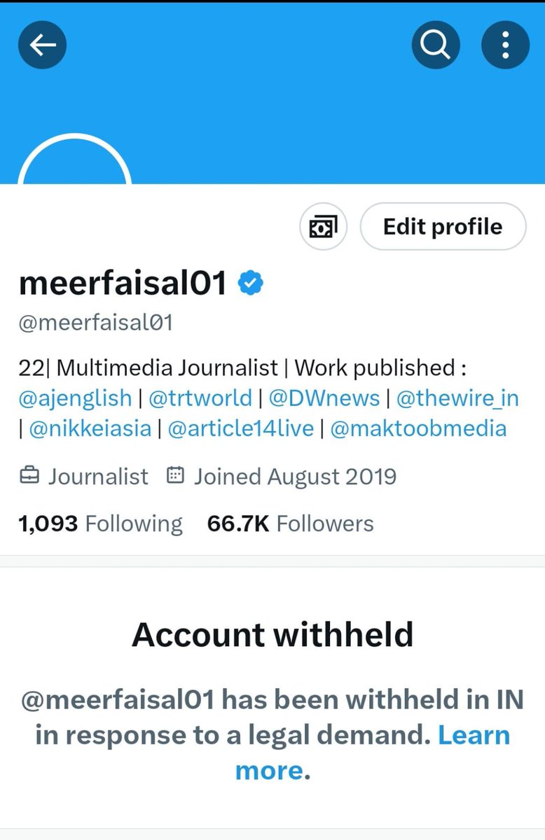 zoo_bear's tweet photo. Twitter account of Journalist Meer Faisal @meerfaisal01 known for reporting Hate Crimes is withheld in India. 👋 @elonmusk @X @Support https://t.co/2JQVft9GUY