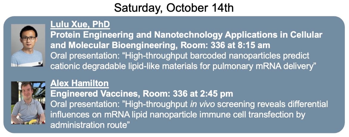 Come check out talks by @MJMitchell_Lab Postdoc @Lulu_Xuee on biodegradable LNPs for pulmonary mRNA delivery and PhD student @a_hmltn on high throughput screening of LNPs for immune cell mRNA delivery today at #BMES2023!