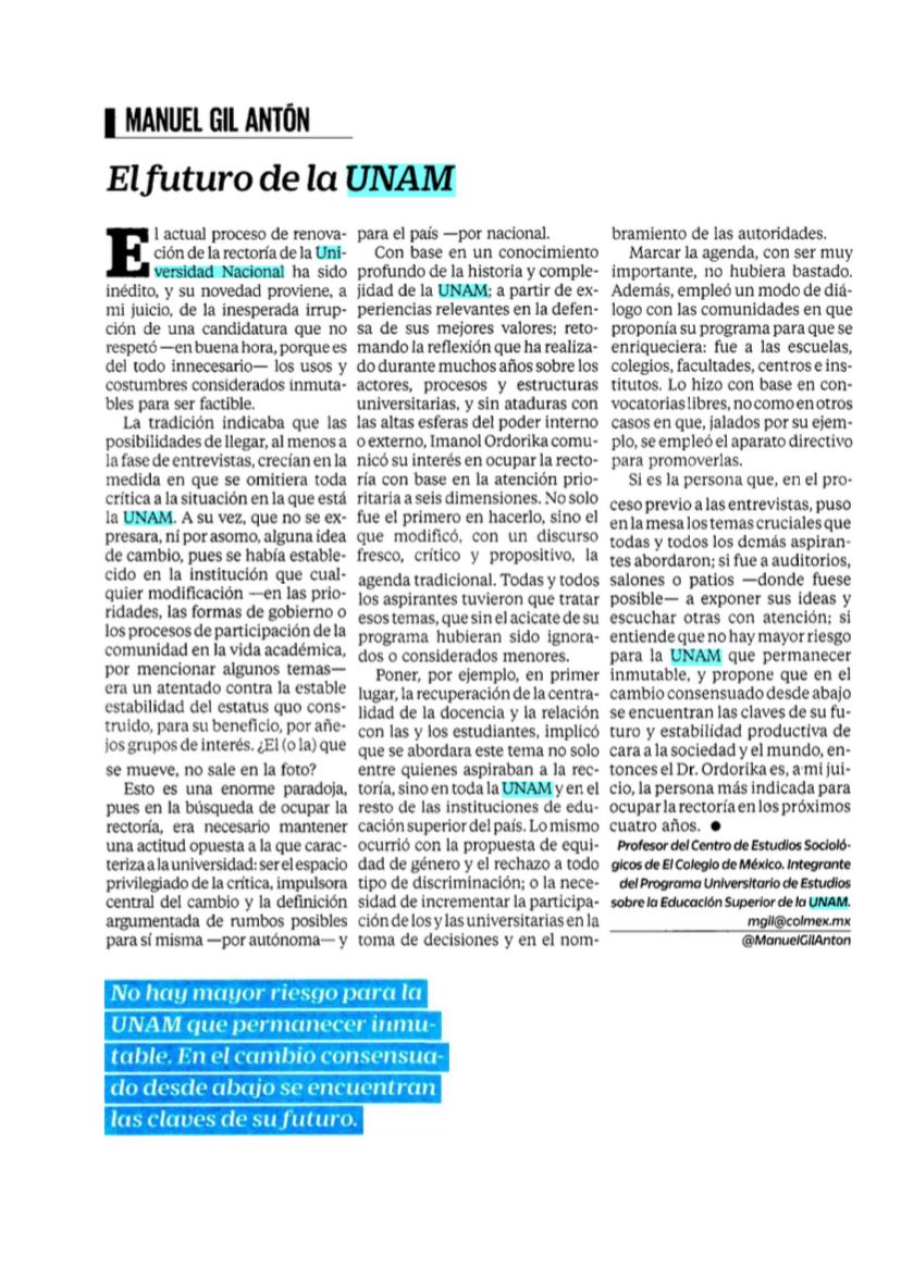 Imanol Ordorika (@ordorika) on Twitter photo “No hay mayor riesgo para la UNAM que permanecer inmutable. En el cambio consensuado desde abajo se encuentran las claves de su futuro”. Artículo el futuro de la UNAM, <a href="/ManuelGilAnton/">Manuel Gil Antón</a>, El Universal, sábado 14 de octubre de 2023. “No hay mayor riesgo para la UNAM que permanecer inmutable. En el cambio consensuado desde abajo se encuentran las claves de su futuro”. Artículo el futuro de la UNAM, <a href="/ManuelGilAnton/">Manuel Gil Antón</a>, El Universal, sábado 14 de octubre de 2023.