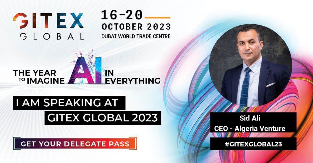 CEO of Algeria venture, Mr. 
Sid Ali Zerrouki will be speaking at GITEX GLOBAL, Dubai, Oct 18, 11:20 AM. Deep dive into Algeria's tech innovation. Hall 13, Tech talk 13, from 11h20 am until 11h40 am. Don't miss it! #GITEX2023 #AI #Innovation
