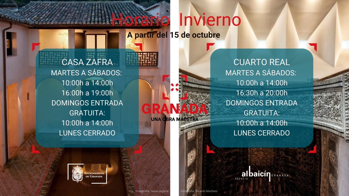 AgenciaAlbaicin's tweet image. Mañana os recordamos que empieza nuestro horario de invierno en nuestros monumentos @CasadeZafra y @CuartoReal. Y mañana además son gratuitos #MonumentosDobladeOro
