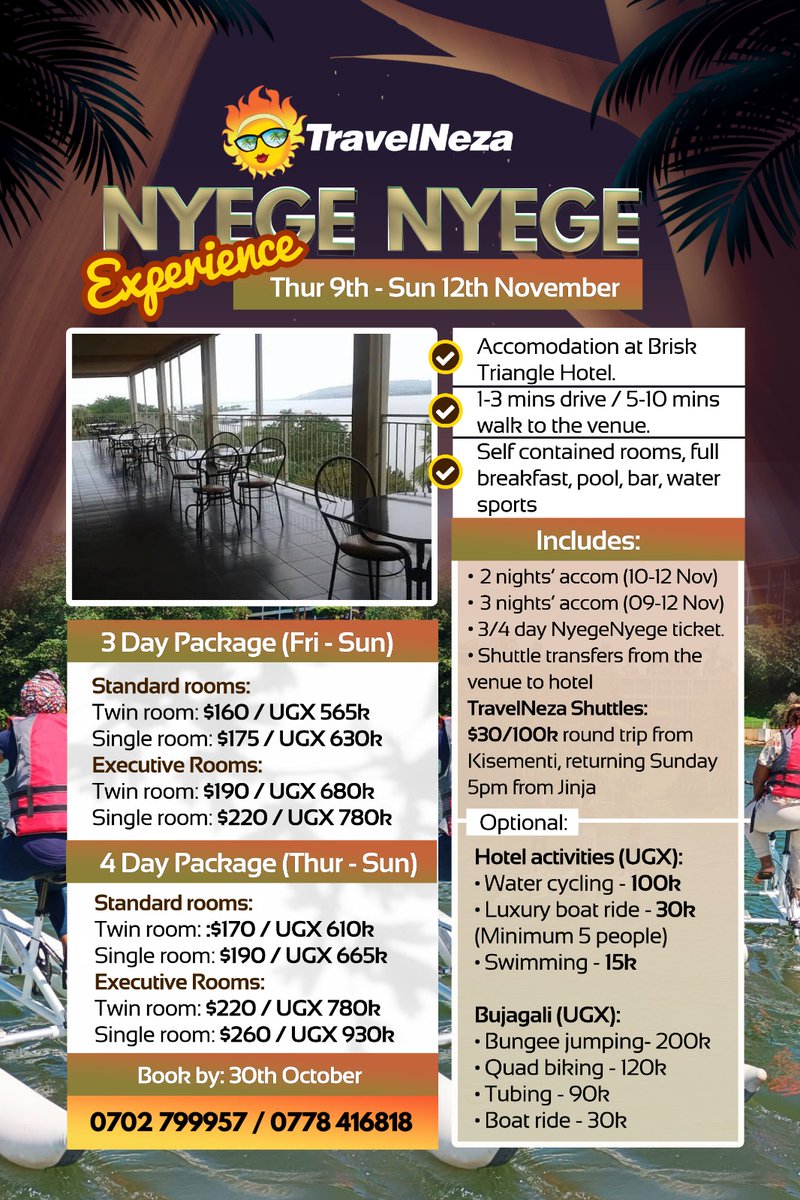 ajenajafar's tweet photo. 2. Book with @travelneza and enjoy every bit of Jinja & @NyegeNyegeFest.
Don't believe it? See for yourself π
#TourPlug #NyegeNyegeFestival https://t.co/7Qx5fqxw3o