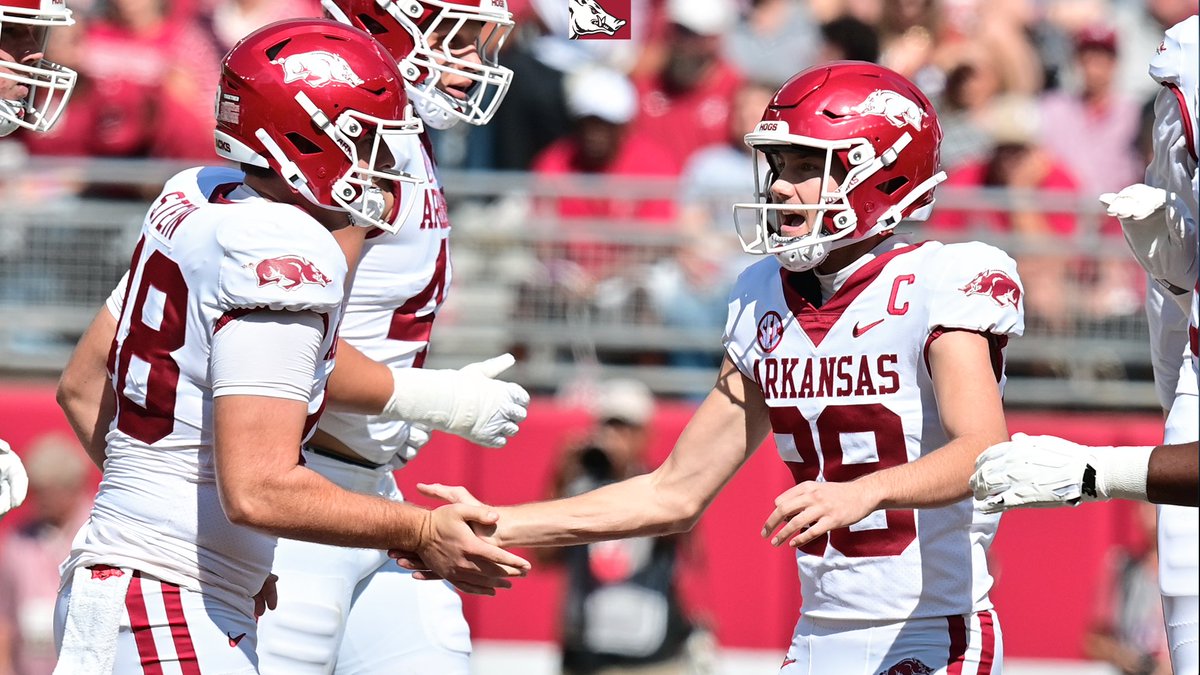 RazorbackComms's tweet photo. With his 55-yard field goal, K Cam Little is now 4-for-4 on 50+ yard field goal attempts this season. For his career, Little is 7-for-10 from 50 or more yards out. https://t.co/XGXmQ7by37
