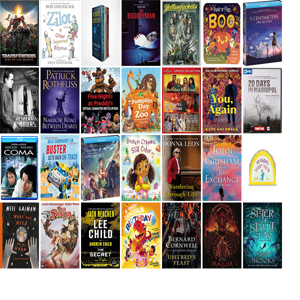 This week the Framingham Public Library has 159 new books and 19 new movies.  New items include Transformers, Zilot &amp; Other Important Rhymes, Wheel of Time Set I, The Boogeyman, Yellowjackets, Boo, 5 Centimeters Per Second, and The Desperate Hours. wowbrary.org/nu.aspx?p=901-…