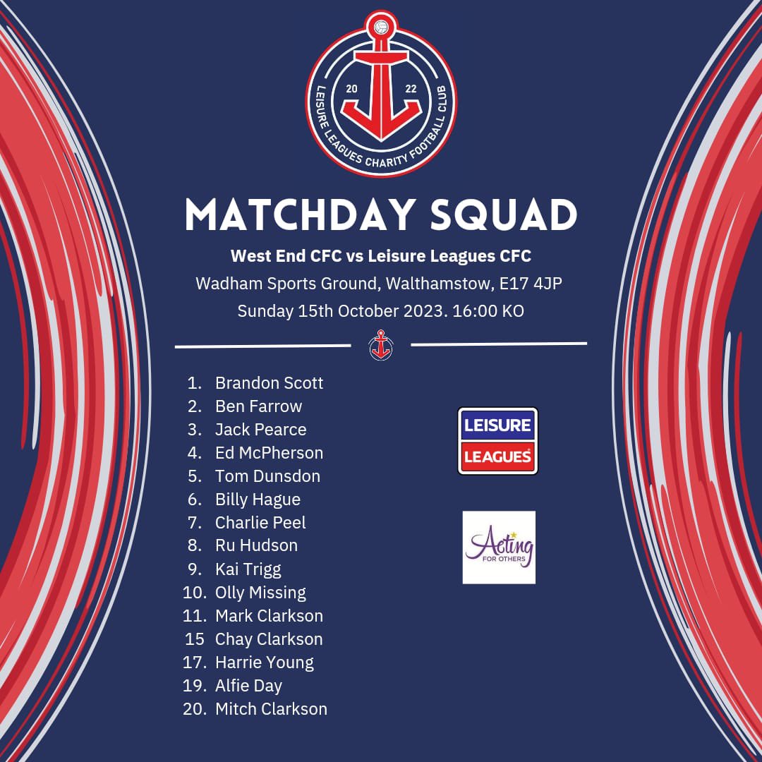 Leisure Leagues Charity Football Club πβ€οΈ (@llcfc22) on Twitter photo π€© MATCHDAY NEWSπ¨
Hereβs the lads who will be travelling across tomorrow afternoon to take on <a href="/WECFC1/">West End Charity Football Club</a> π€π»
Once again, weβll be raising for <a href="/ActingforOthers/">Acting for Others</a> & the donation link is here: justgiving.com/fundraising/weβ¦ ππ»π π€© MATCHDAY NEWSπ¨
Hereβs the lads who will be travelling across tomorrow afternoon to take on <a href="/WECFC1/">West End Charity Football Club</a> π€π»
Once again, weβll be raising for <a href="/ActingforOthers/">Acting for Others</a> & the donation link is here: justgiving.com/fundraising/weβ¦ ππ»π