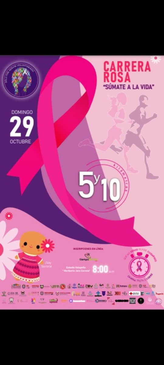 #AgendaOPLEV🗓 Asiste a la Carrera "Abrazando la vida, #CarreraRosa, Sólo por servir"

🗓29 de octubre
⏰️8:30 horas
🏃🏃‍♀️ 10k y 5k
📍Estadio Heriberto Jara Corona, Xalapa, Ver.