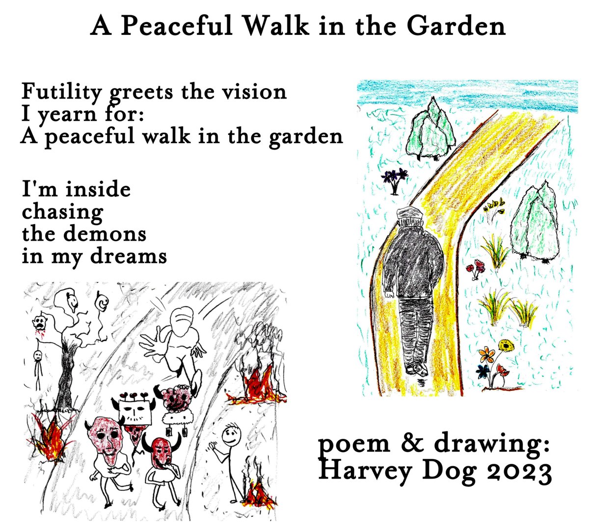 'A Peaceful Walk in the Garden'. The poem is from 2022 & the drawings are from today. Have a great weekend! ☮✌ 
#poetry #poem #poetrycommunity #poetrylovers #drawings #pencildrawings