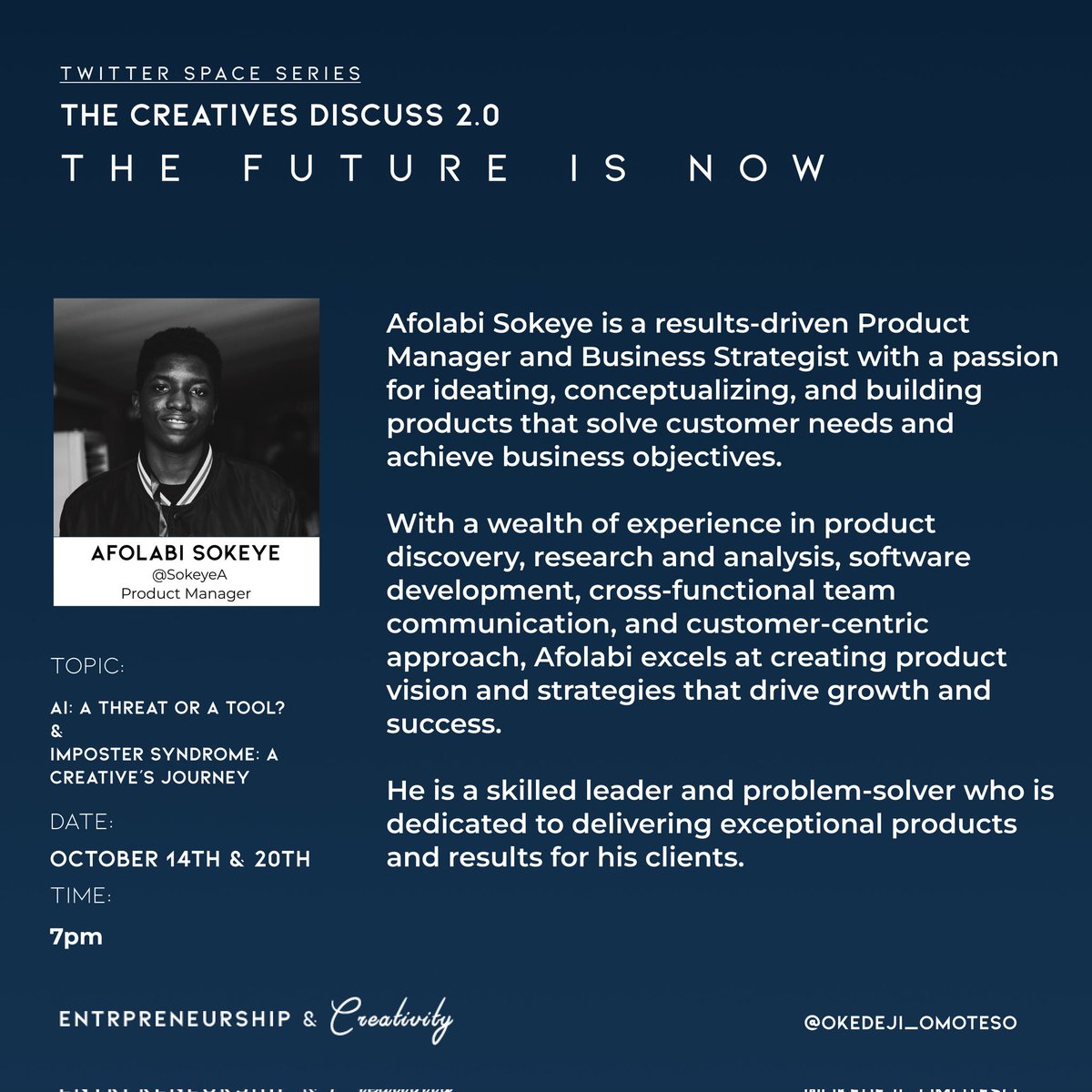 okedeji_omoteso's tweet photo. "AI" 

The word has been going around a lot these days,

What exactly is AI?

How does it affect you as a Creative?

Is it a threat or a tool?

How can you use AI to your advantage?

Set your reminders for the conversation today by 7pm; https://t.co/3TbB6O794P https://t.co/fhDpx9YuhF