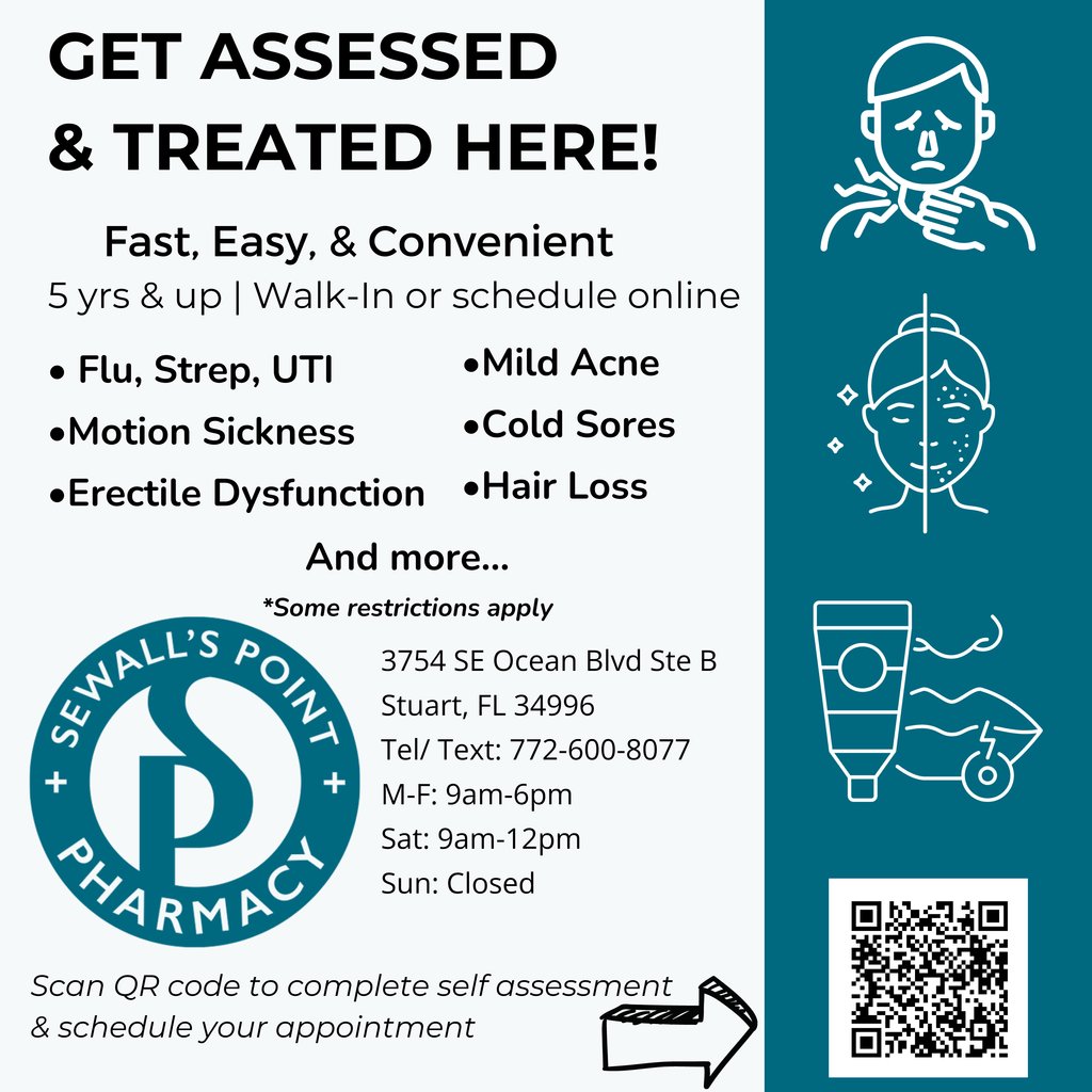 SewallsPointRx's tweet photo. Feeling unwell and can't get in to see the Doctor? 

At Sewall's Point Pharmacy, you can get a same-day prescription, test, or treatment for many common conditions.

#sprx #feelgoodeveryday #PharmLocal #BreakFreeOfChains https://t.co/Novj9qvSTf