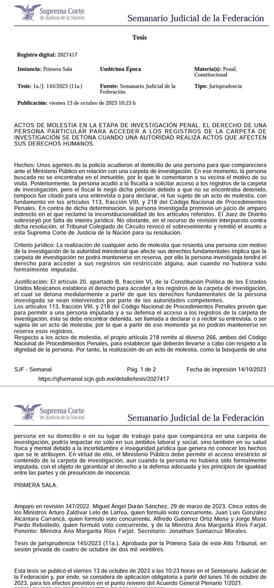 Si la POLICÍA va a buscarte a tu domicilio, trabajo... es un ACTO DE MOLESTIA, en consecuencia, el MP DEBE darte acceso a la carpeta de investigación. 👮🏻‍♀️👮🏻‍♂️🔎

¡Aplausos a la 1ra Sala de la SCJN 👏🏻👏🏻👏🏻👏🏻👏🏻 porque los MP's lo niegan en la práctica y varios amparos se