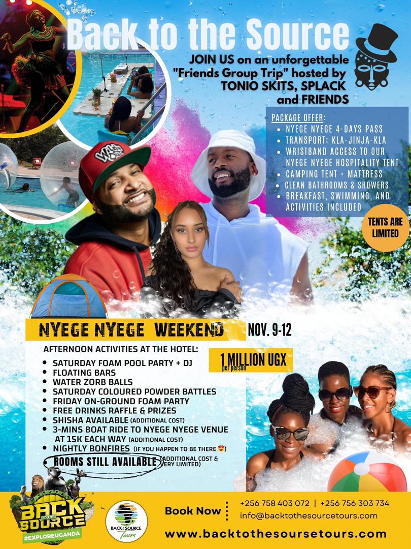 <a href="/travelneza/">TravelNeza</a> <a href="/NyegeNyegeFest/">Nyege Nyege 10th anniversary</a> 3. Book with <a href="/B2SourceTours/">Back to the Source Tours</a> and hang with their Hollywood guests all weekend.  Package comes with transport, full event pass, tented accommodation and more.
Check the poster for details. 

#TourPlug #NyegeNyegeFestival