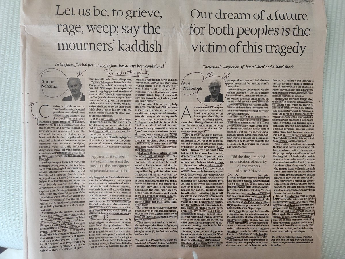 For a truly profound sense of the unfolding tragedy, get today's Financial Times for two 2 short pieces by Simon Schama and Sari Nusseibeh, two men I have long admired. The depths of these two perspectives tell us what we need to know and how to view and mourn for both sides.