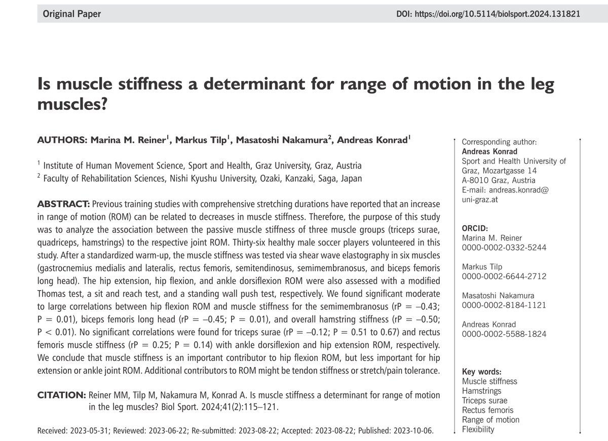 🆕Paper: Is muscle stiffness a determinant for range of motion in the leg muscles? ⚽️

✍️Marina M. Reiner, Markus Tilp, Masatoshi Nakamura, Andreas Konrad

🔓#OpenAccess🔗termedia.pl/Is-muscle-stif…