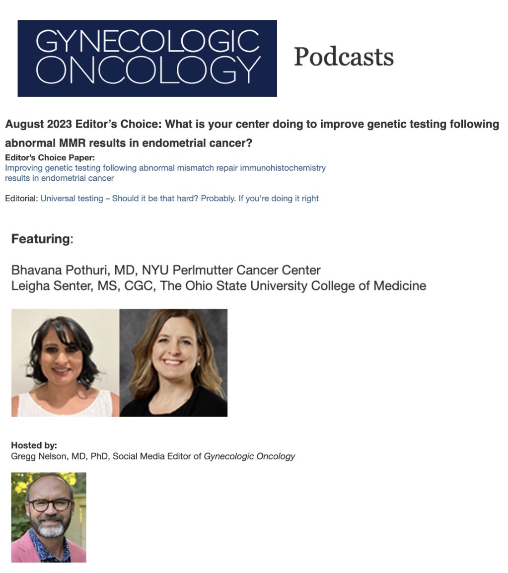Check out the latest #GynOnc #podcast 🎙️ featuring <a href="/BPothuri/">Bhavana Pothuri</a> <a href="/LeighaSenter/">leigha senter</a> on improving genetic testing following abnormal MMR in endometrial cancer <a href="/nyulangone/">NYU Langone Health</a> <a href="/OSUCCC_James/">The James</a> <a href="/SGO_org/">SGO</a> <a href="/ASCO/">ASCO</a> <a href="/OncoAlert/">OncoAlert</a> <a href="/GeneticCouns/">Genetic Counselors</a> gynecologiconcology-online.net/podcasts