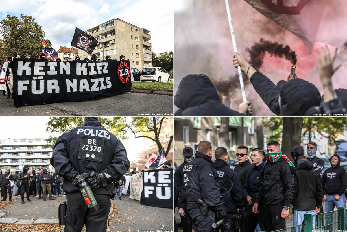 In #Berlin #Pankow protestierten heute etwa 500 Menschen unter dem Motto: "Kein Kiez für Nazis".
Der antifaschistische Demozug richtete sich insbesondere gegen die Neonazipartei "III.Weg".
Am Rande provozierten Akteure der Parteijugendgruppe. #B1410
Fotos: flickr.com/photos/presses…