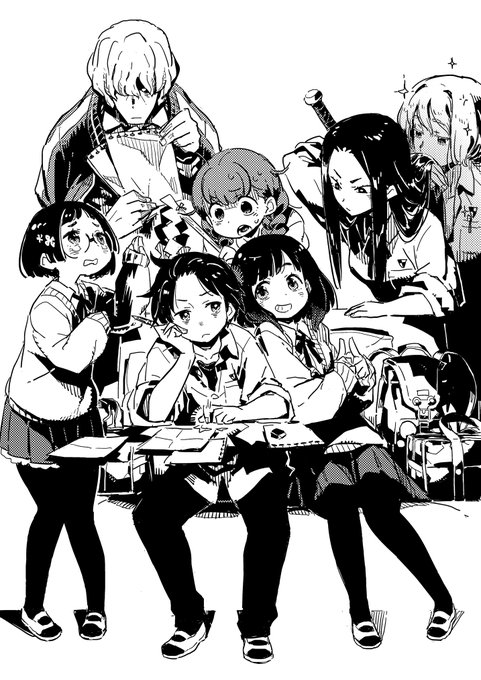 #とにかくワチャーッと集合してる絵を晒す見た人もやる モノクロ編