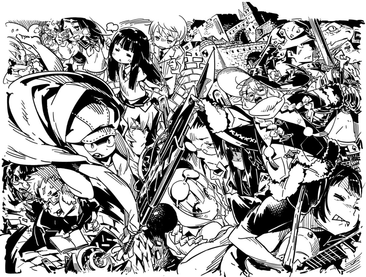 とにかくワチャーッと集合してる絵を晒す見た人もやる モノクロ編