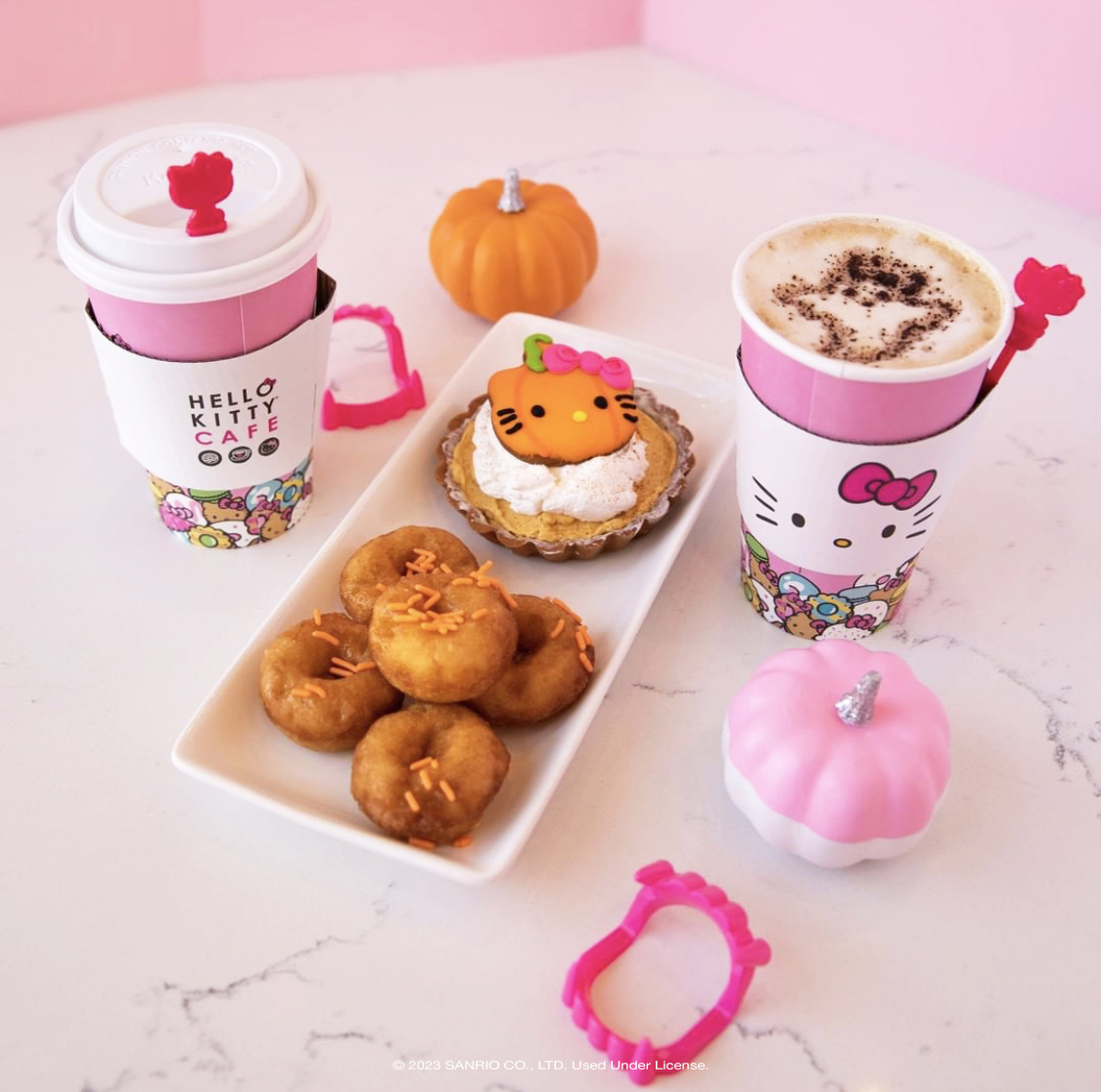 Hello pumpkin, it's #NationalDessertDay! 🎃🎀 Which yummy treat from our seasonal menu is your fave: pumpkin tart, maple glazed mini donuts, or the pumpkin spice latte? ⁠ ⁠ Available the Hello Kitty Grand Cafe for a limited time! 🧡