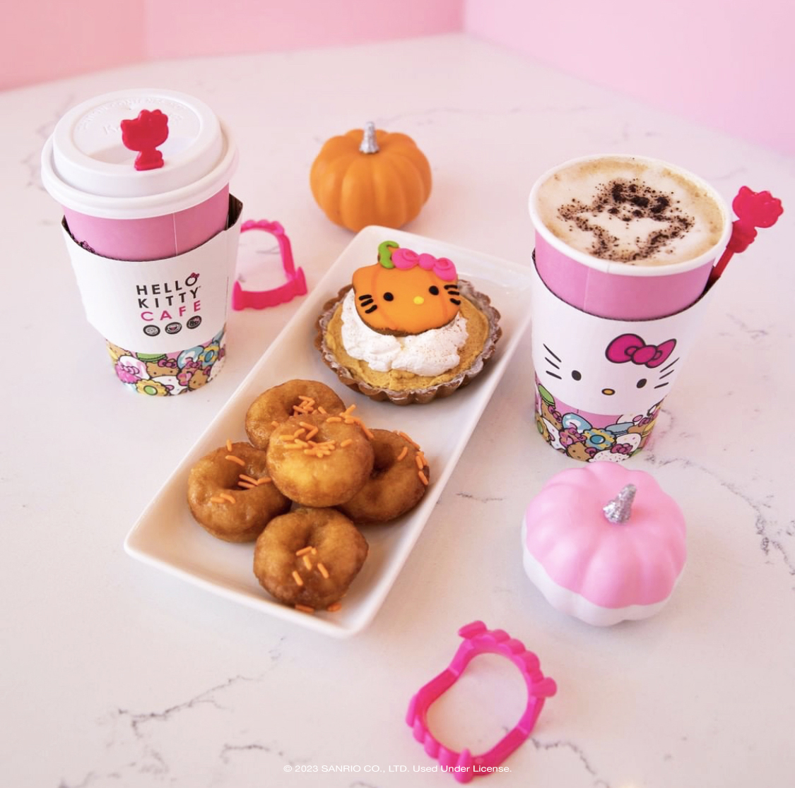 Hello pumpkin, it's #NationalDessertDay! 🎃🎀 Which yummy treat from our seasonal menu is your fave: pumpkin tart, maple glazed mini donuts, or the pumpkin spice latte?  ⁠
⁠
Available the Hello Kitty Grand Cafe for a limited time! 🧡