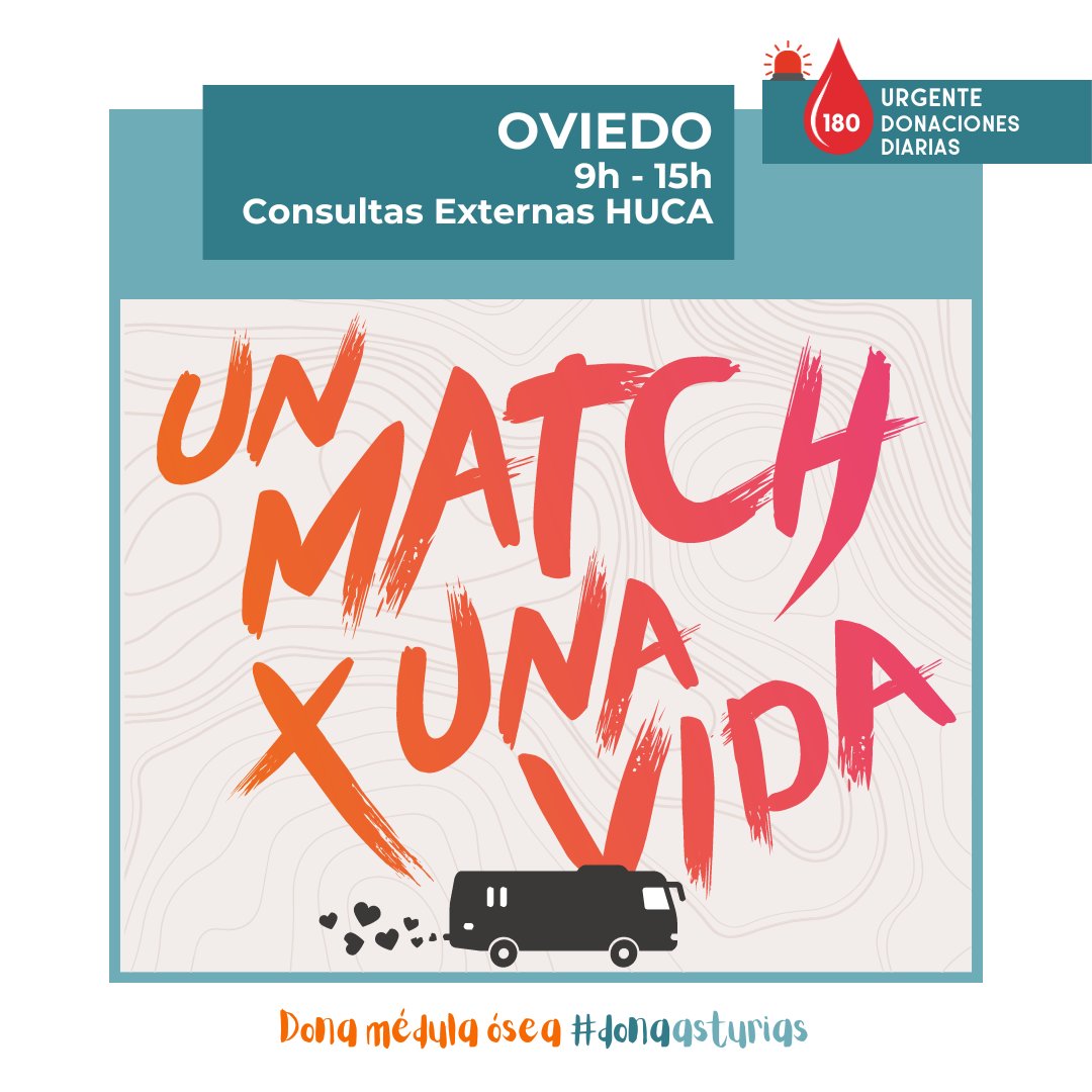 El día 18 en #Oviedo en Consultas Externas del HUCA de 9h.-15h. estará #UnMatchxUnaVida, una iniciativa que pretende aumentar los donantes de #MédulaÓsea hasta llegar a 500.000.
Ven, infórmate, hazte donante y ¡disfruta de actuaciones! 🤩

unmatchxunavida.com
#matchtour