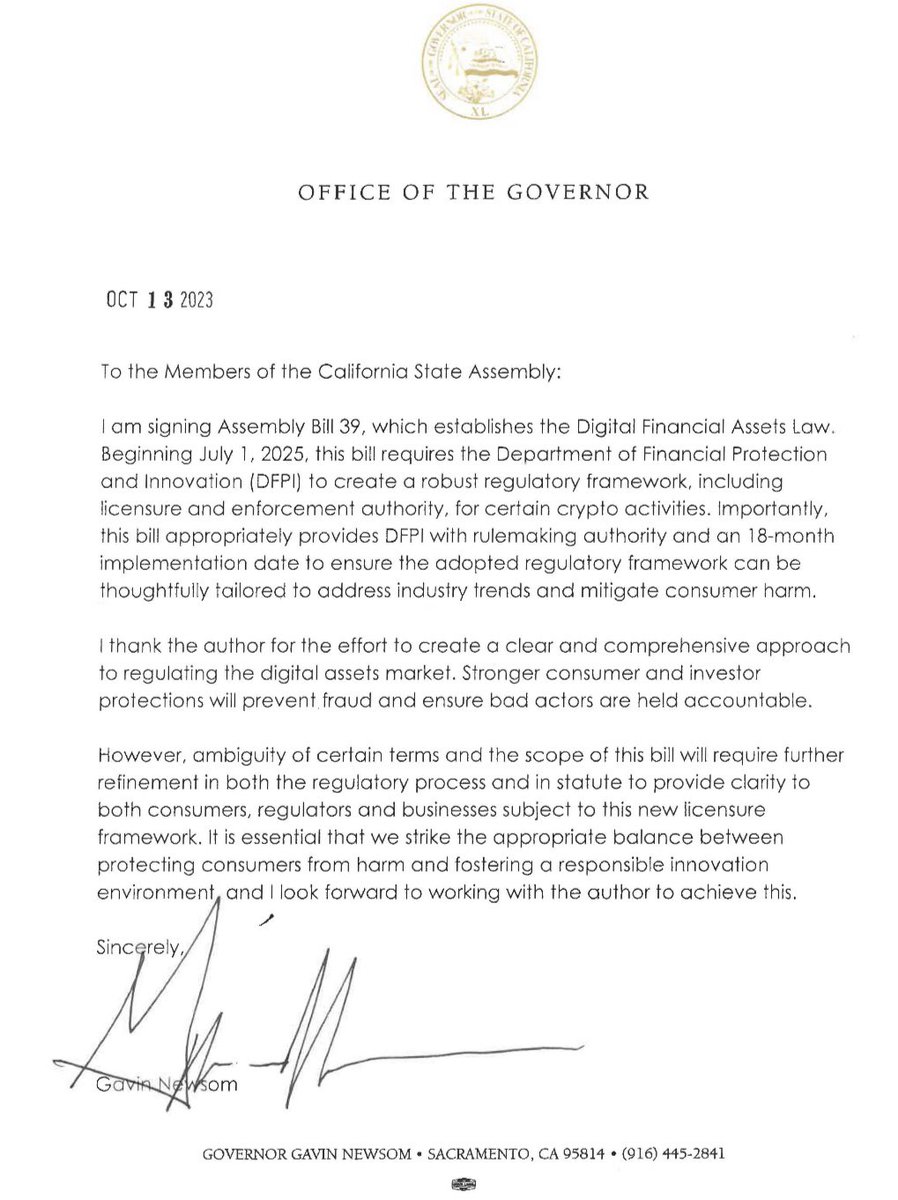 EleanorTerrett's tweet photo. 🚨NEW: California Governor @GavinNewsom has signed a law to create a regulatory framework for digital assets in California. 

“It is essential that we strike the appropriate balance between protecting consumers from harm and fostering a responsible innovation environment…” https://t.co/VWp5HbsoWY