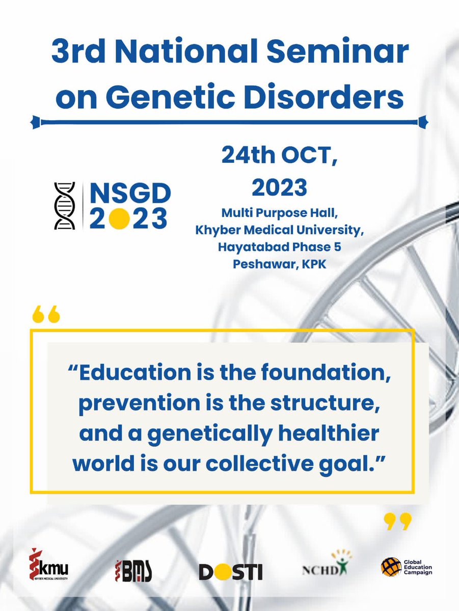 malikmoiz735's tweet photo. Informed choices today pave the path to a genetic legacy of well-being for generations ahead.
#3rdNationalSeminar #GeneticDisorders #KMU #DOSTI #NSGD2023 #24Oct #joinusthrough
https://t.co/J5CimkZDiT
@dostiwelfare.org https://t.co/a5tVUHDNsN