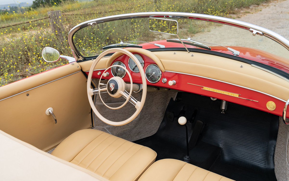 UltimativCars's tweet photo. #PebbleBeach2023

The #Porsche #356A #T2 (1956-59) was made in a total of 12.193 units, of which 1.163 #Speedster|s [by #Reutter]: 579 (56/57), 552 (58) &amp; 32 (59).

This #restored '57-unit w/ #matchingnumbers in #Red over #Beige-leather, was est. at $400-500k, but kept unsold. https://t.co/Z5BhO7ui75