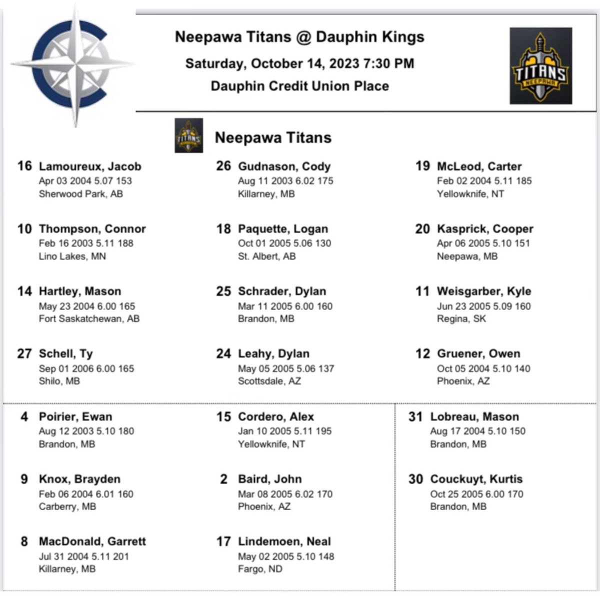 MJHLTitans's tweet photo. Here are the projected line combinations for tonight’s game courtesy of @CompassCoachLtd 🚎 

#TitanUp⚔️     #35Years🥅🏒 https://t.co/bB2WxSCpgV