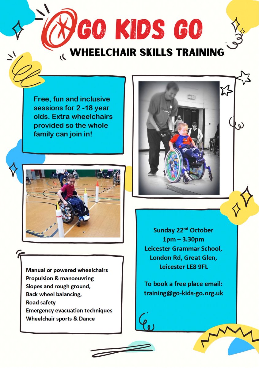 @gokidsgotweets are running wheelchair skills classes in #Leicester! 👩🏻‍🦽Training is suitable for 2-19 year olds and cover all the technical skills necessary to get out and about and become more independent! 👩🏿‍🦼 Spare wheelchairs are available so the whole family can join the fun!