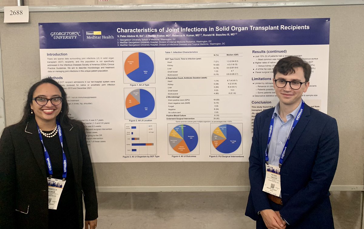 @GUMedicine MS4 Peter Abdow and @rebecca_kumar of @MGUH_ID presenting on Joint Infections in SOT Patients at #IDWeek2023. Poster#2688