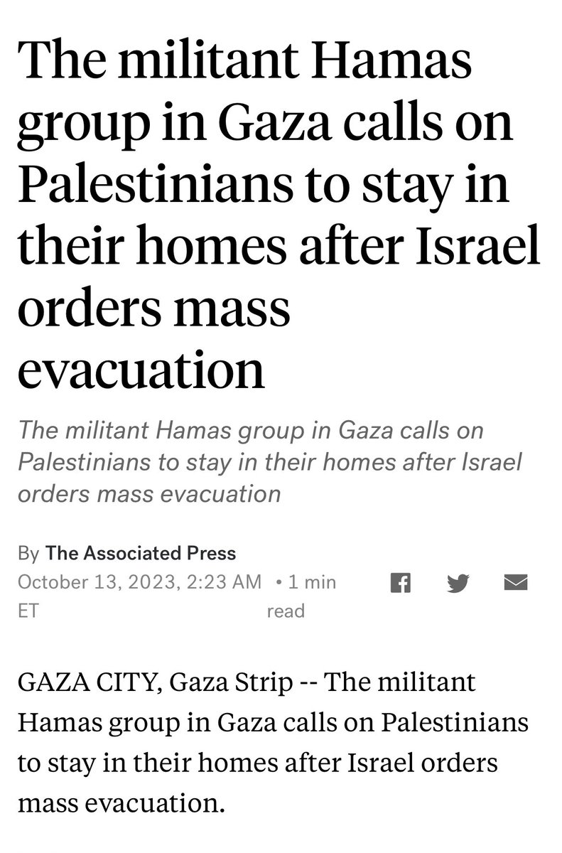 yaelbt's tweet photo. What an insane country:  The IDF spokesperson on tv pleading with Palestinians from northern Gaza to leave before we take action, while Hamas is telling them to stay so they can be used as human shield and die as martyrs. And Egypt refuses to open her border with Gaza. 

Tell me again how much you care about Palestinians.