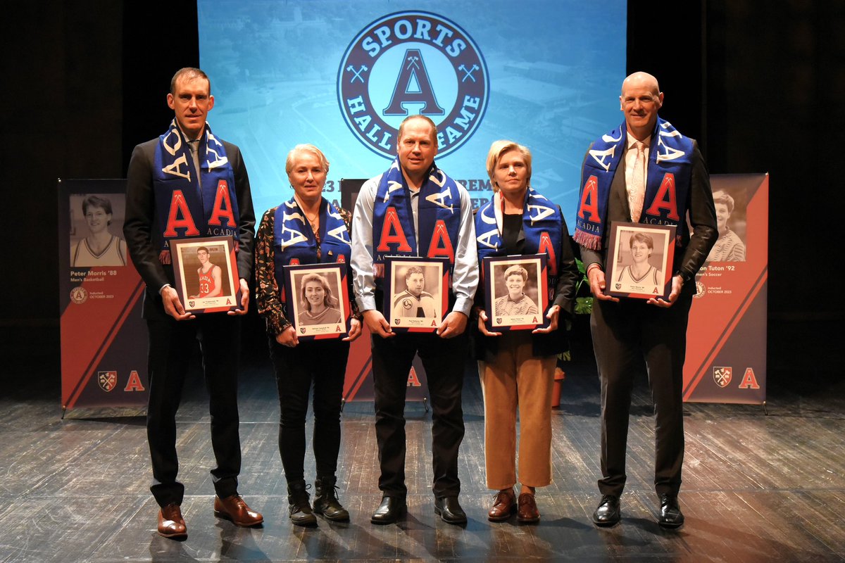This morning we welcomed our 2023 class to the Acadia Sports Hall of Fame. 

Congratulations to our five inductees:
Women’s Soccer:
Belinda Campbell ('90)
Alison Tuton ('92)

Men’s Basketball
Peter Morris ('88)
Jan Trojanowski ('98)

Men’s Hockey
Paul Doherty ('98)