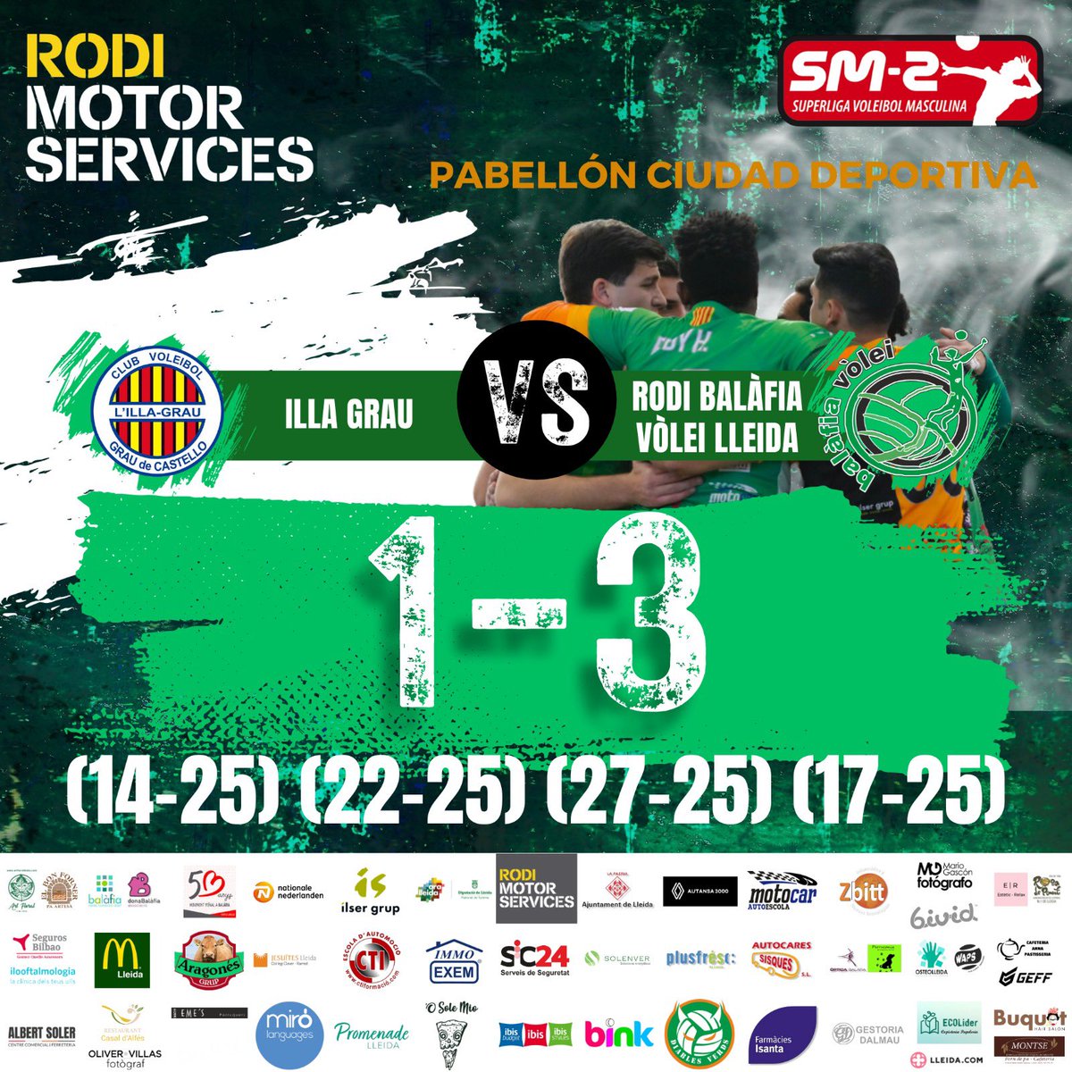 Gran victòria del <a href="/MotorRodi/">MotorRodi</a> BALÀFIA VÒLEI 1-3 a la pista de l’UBE Illa Grau, un dels candidats a l’ascens! Súper partit! 💚💚🏐🏐🔥🔥