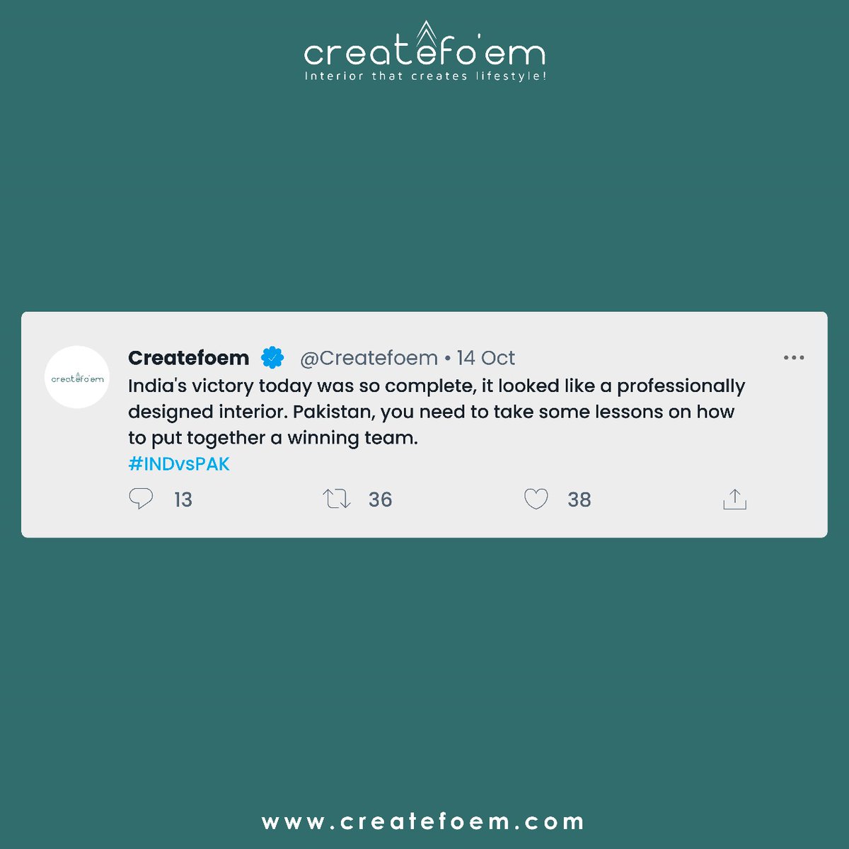 createfoem's tweet photo. India's Victory!

#CWC23 #INDVSPAK #indiavspakistan #PakvIND #Cricket #cricketlovers #cricketnews #WorldCup2023 #Cricketworldcup2023 #CricketWorld2023Update #cricketindia #cricketteamindia #indiacricket #teamindia #captainrohit #india #interiordesigners #Createfoeminteriors https://t.co/bfbSe5CPz6