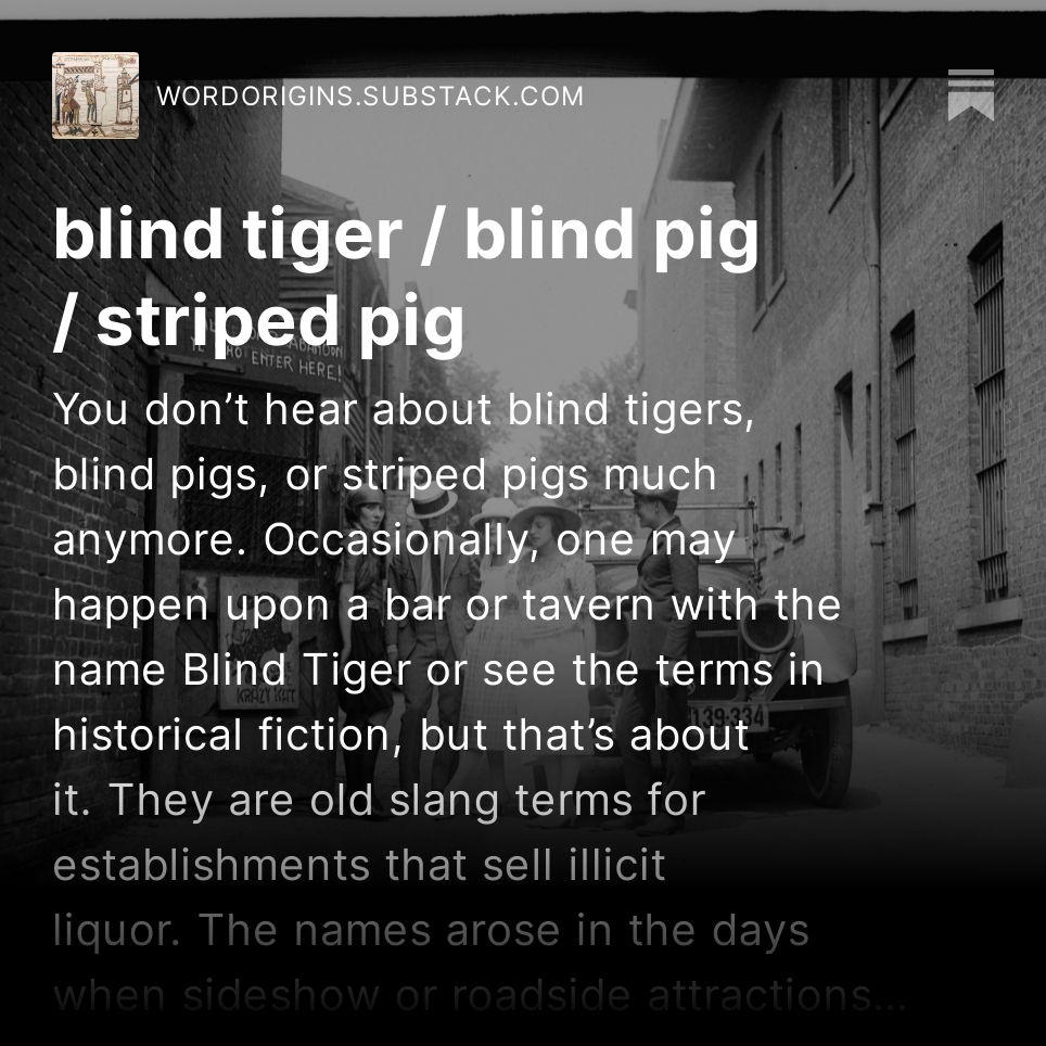 I’ve just made a major addition to blind tiger / blind pig, posted a few days ago. I've added the history of striped pig to the entry. Striped pigs were a nationwide sensation in 1838–40, a highly entertaining footnote to American pop culture.
wordorigins.substack.com/p/blind-tiger-…