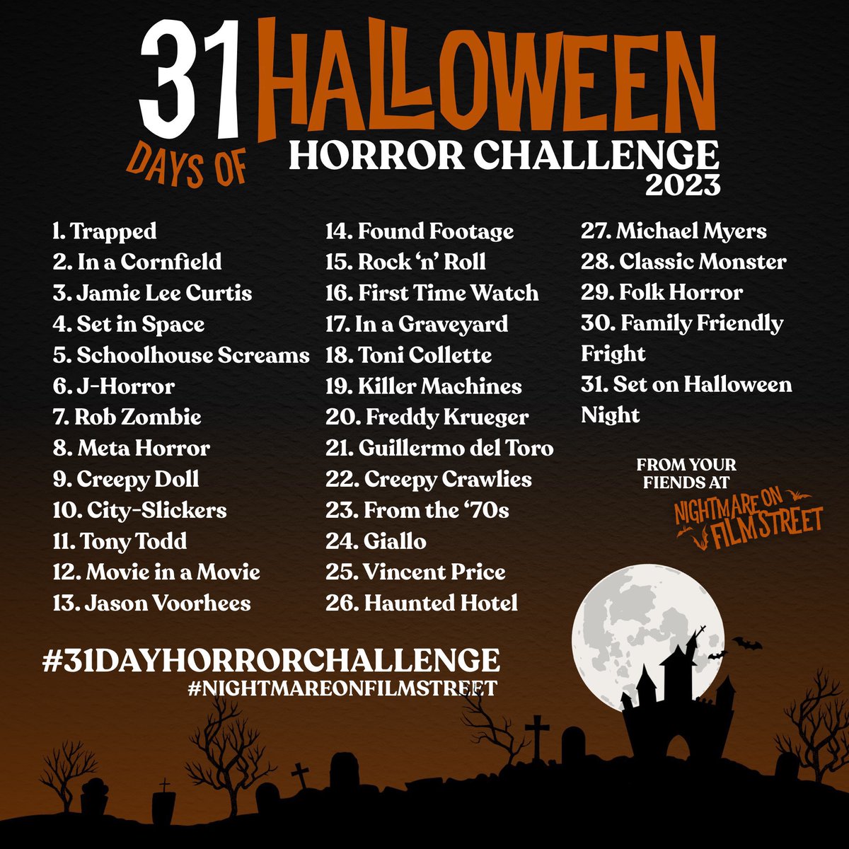 NOFSpodcast's tweet photo. 🎃 HOW TO PLAY 🎃
It’s never too late! Join us for 31 days of spine-chilling movies this Halloween! Use each day's prompt for film picks and share with #31DayHorrorChallenge &amp; #NightmareonFilmStreet! 

More recs, downloadable graphics &amp; a GIVEAWAY await at https://t.co/oK74vidK3A https://t.co/ICI76Xpiy5