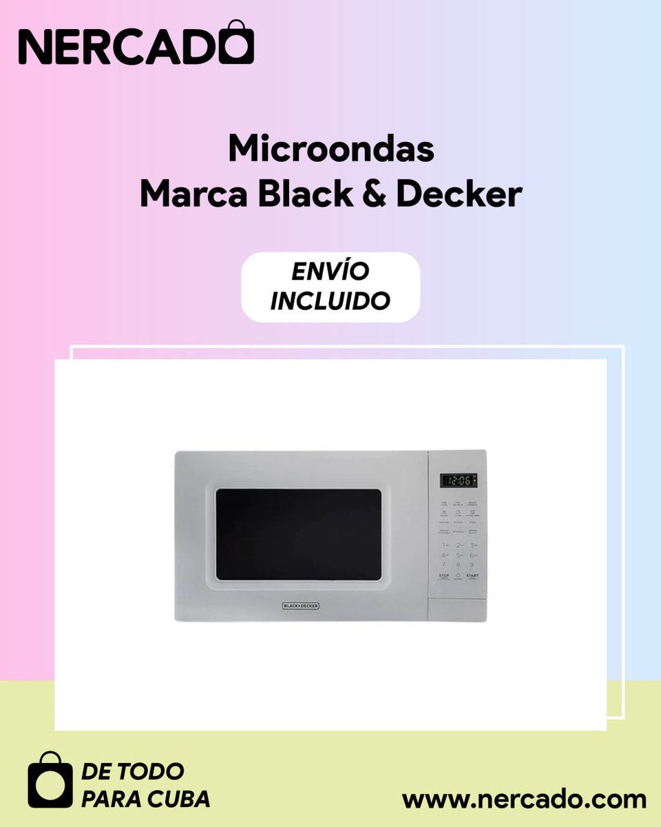 NercadoCuba's tweet photo. ¡Haz que la hora de la comida sea más fácil para tus seres queridos en Cuba con el microondas de alta calidad Marca Black & Decker!
Envíalo con Nercado.
#microondas #envíosacuba #Nercado #familiaresencuba #comidaeasycuba https://t.co/wsCWGB9gsU