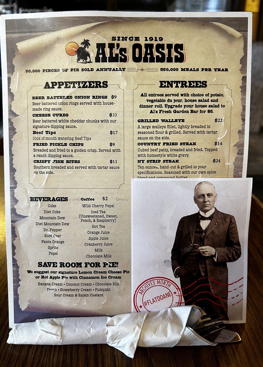 SoDakHistorian's tweet photo. On our way to Rapid City, so where better to stop in for lunch than at a place like Alโs Oasis (since 1919!). I would bet Doane Robinson had a few meals here. #SaveRoomForPie #FlatDoane #ArchivesMonth #HiFromSD https://t.co/OdtPYeifo9