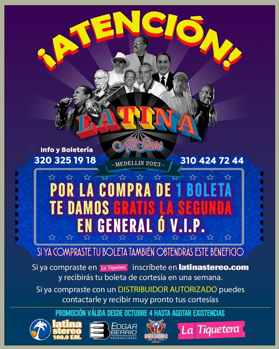 salsaconestilo's tweet photo. #Medellín 📢 #LatinaAllstars con #TitoAllen, #WillyCadenas, #JoséBello, #ÁngelFlores, #HéctorAponte, #OrlandoPabellón, #EddieMaldonado, #OrquestaColón y #MedellínCharanga 💳 https://t.co/n2CmJZfxIT Organizan #LeyendasVivasdelaSalsa y #LatinaStereo Invita https://t.co/wGEJFBPd8e https://t.co/yFosATJ735