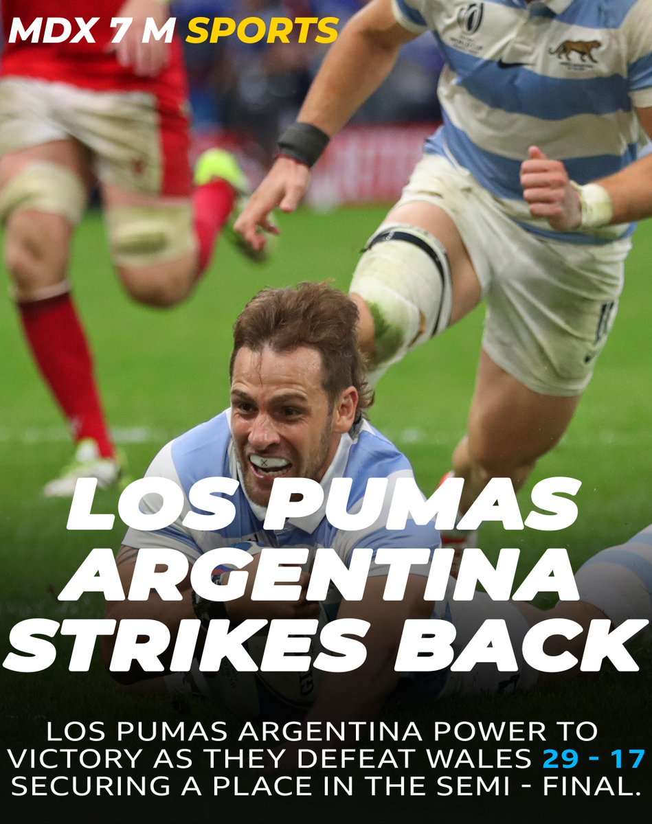 SportsMdx's tweet photo. Los Pumas Argentina 🇦🇷 stuns Wales after an incredible performance, knocking them out of the tournament 🏉🤯🔥

#MDX7MSportsRugby | #RWC2023 | #WALvARG  | #Coupedumondederugby | #WALvsARG | #WelshRugby | #ViveLeCymru | #SomosLosPumas| #SomosLosPumas | #MásPumasQueNunca https://t.co/336mVp5F1z