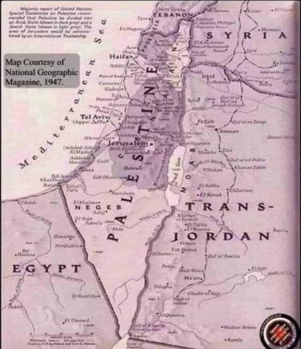 This map was issued by National Geographic in 1947, one year before Nakba, there was no such thing called “Israel”.