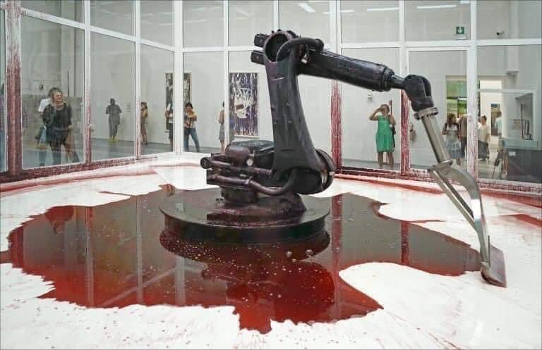 peakaustria's tweet image. &quot;No piece of art has ever emotionally affected me the way this robot arm piece has. It&apos;s programmed to try to contain the hydraulic fluid that’s constantly leaking out and required to keep itself running...if too much escapes, it will die so it&apos;s desperately trying to pull it…